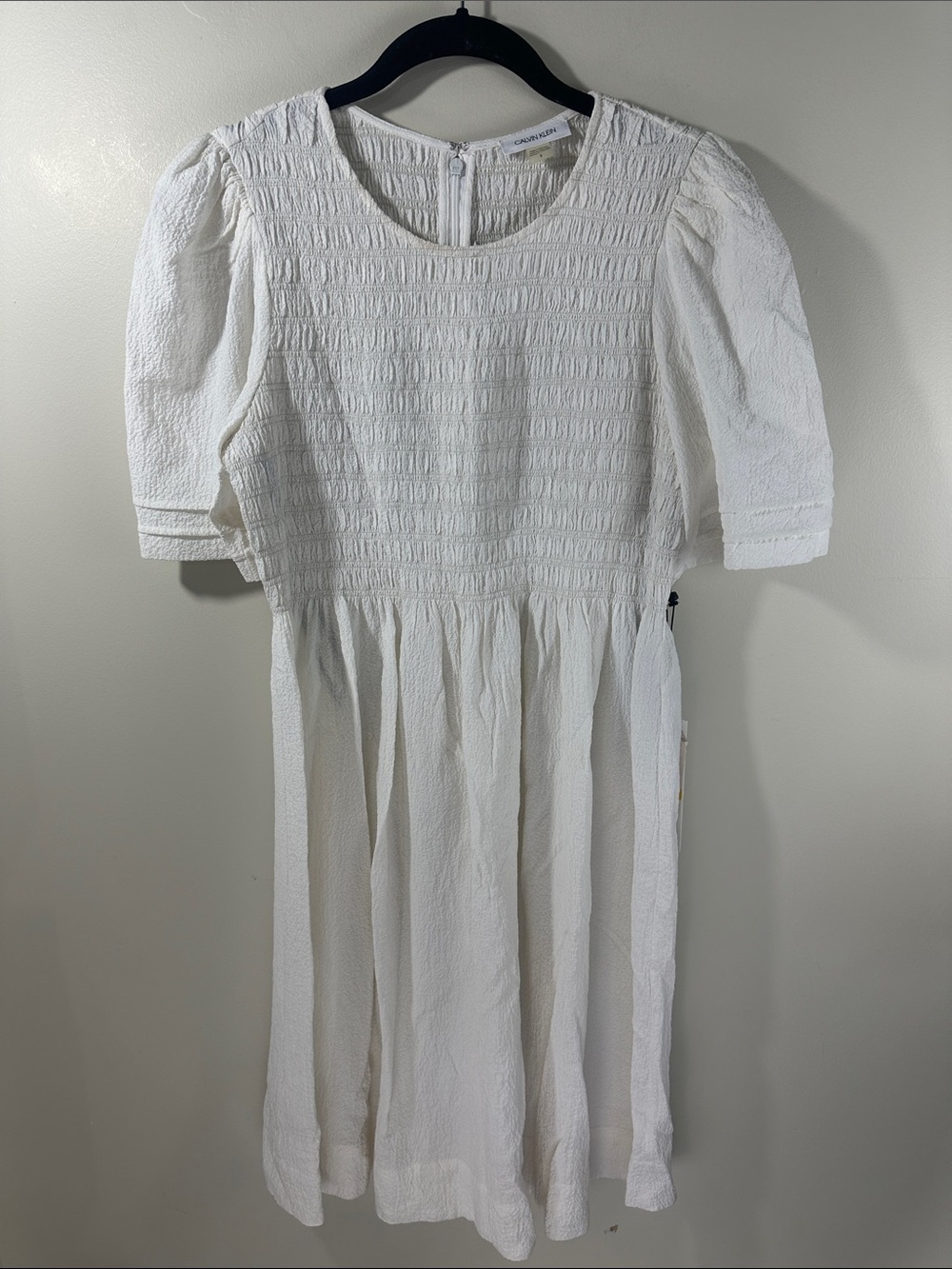 NWT Calvin Klein White Smocked Bodice Puff Short Sleeve Dress size 6